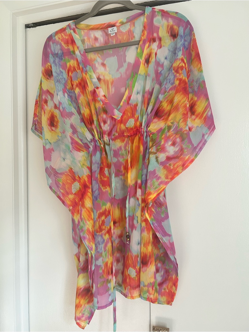 Bloomingdale’s Colorful Floral Sheer Kaftan Tunic by Echo - Pink, Yellow, Orange